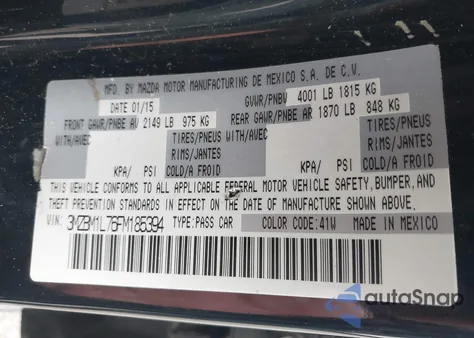 2015 Mazda Mazda3 I Touring z USA, uszkodzony, nr VIN 3MZBM1L76FM185394